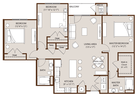 Floor plan for 3 beds, 2 baths, 1394 sqft